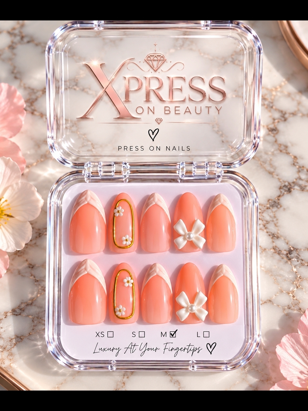 Peach Floral Press-On Nails - Medium